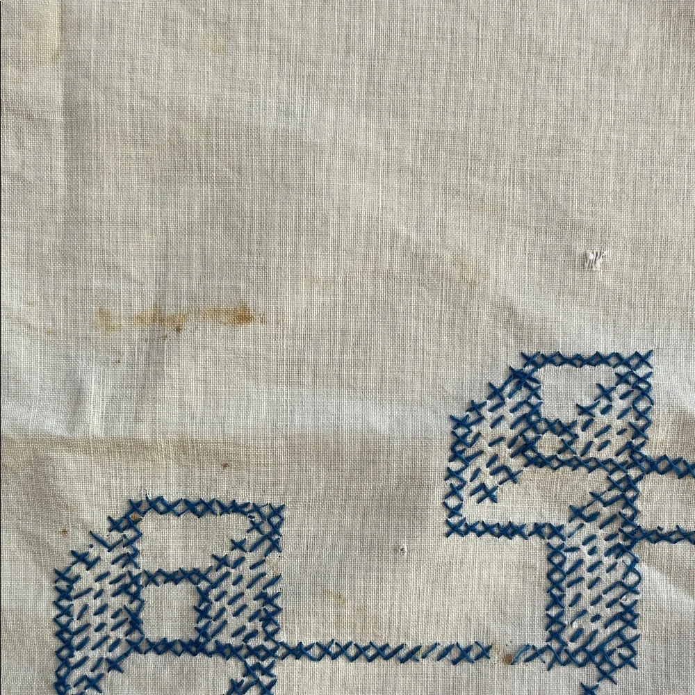 Embroidered Tablecloth Dresser Scarf Blue Cross Stitch Cutter Vintage